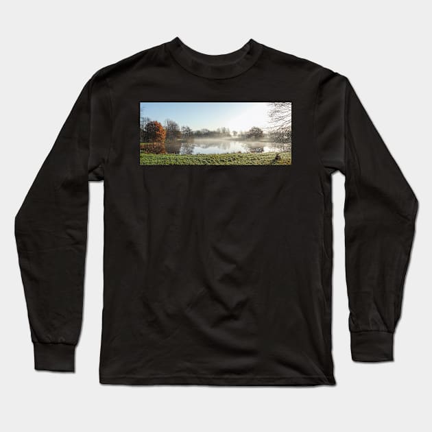 Lake, autumn mood, ground fog, hoarfrost, trees, landscape, Fischerhude, Lower Saxony, Germany Long Sleeve T-Shirt by Kruegerfoto